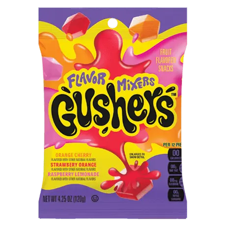 Flavor Mixers Gushers Pouch in orange cherry, strawberry orange & raspberry lemonade flavors, front of pouch