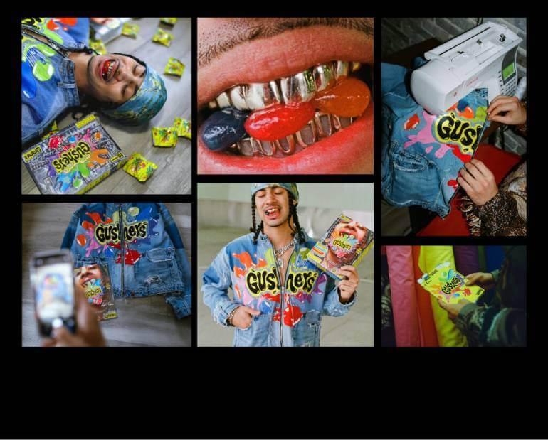 A collage of images featuring Nigel Xaiver holding a box of Gushers, wearing a jean jacket