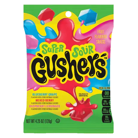 Super Sour Gushers pouch in blueberry grape, mixed berry & raspberry lemonade flavors, front of pouch