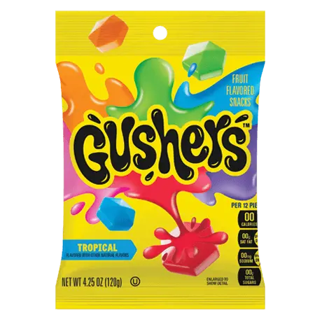 Gushers pouch in tropical flavor, front of pouch