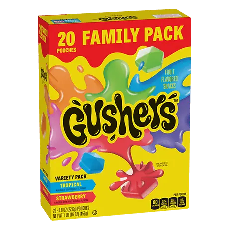 Family Pack 20 count Gushers in Tropical & Strawberry flavors, front of pack