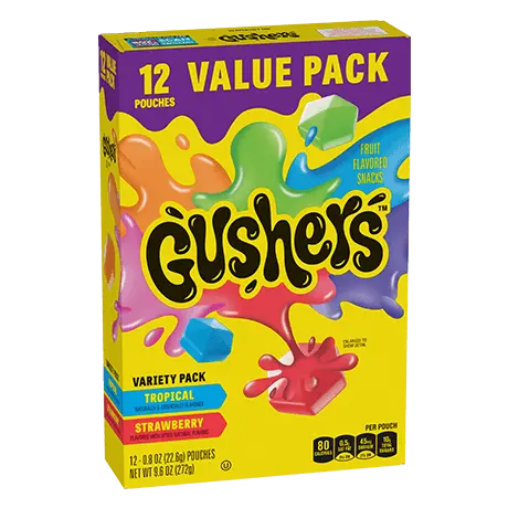 Value Pack 12 count Gushers in Tropical & Strawberry flavors, front of pack