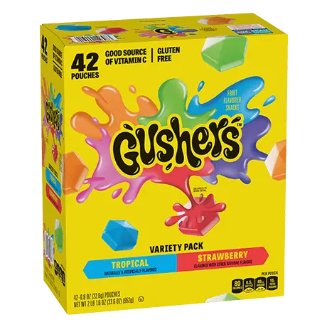Club Pack 42 count Gushers in Tropical & Strawberry flavors, front of pack