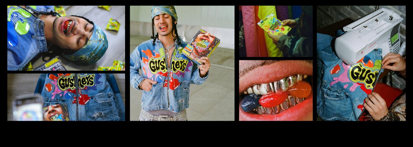 A collage of images featuring Nigel Xaiver holding a box of Gushers, wearing a jean jacket