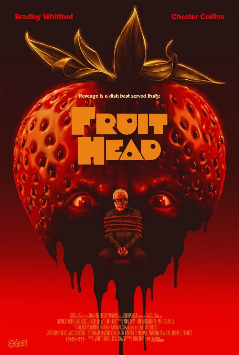 : Gushers FruitHeads horror movie poster with strawberry head man and kidnapped victim